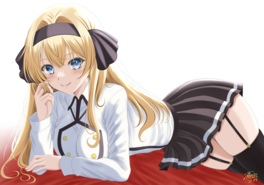 1girl, absurdres, black_hairband, black_skirt, black_socks, blonde_hair, blue_eyes, blush