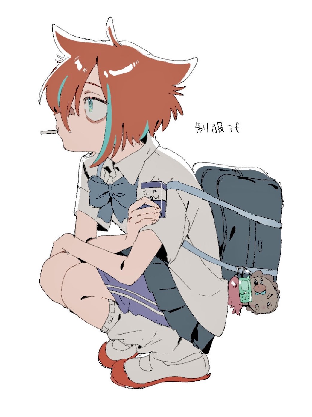 1girl, alternate_costume, aqua_eyes, aqua_skirt, bag, blue_bow, blue_bowtie, bow