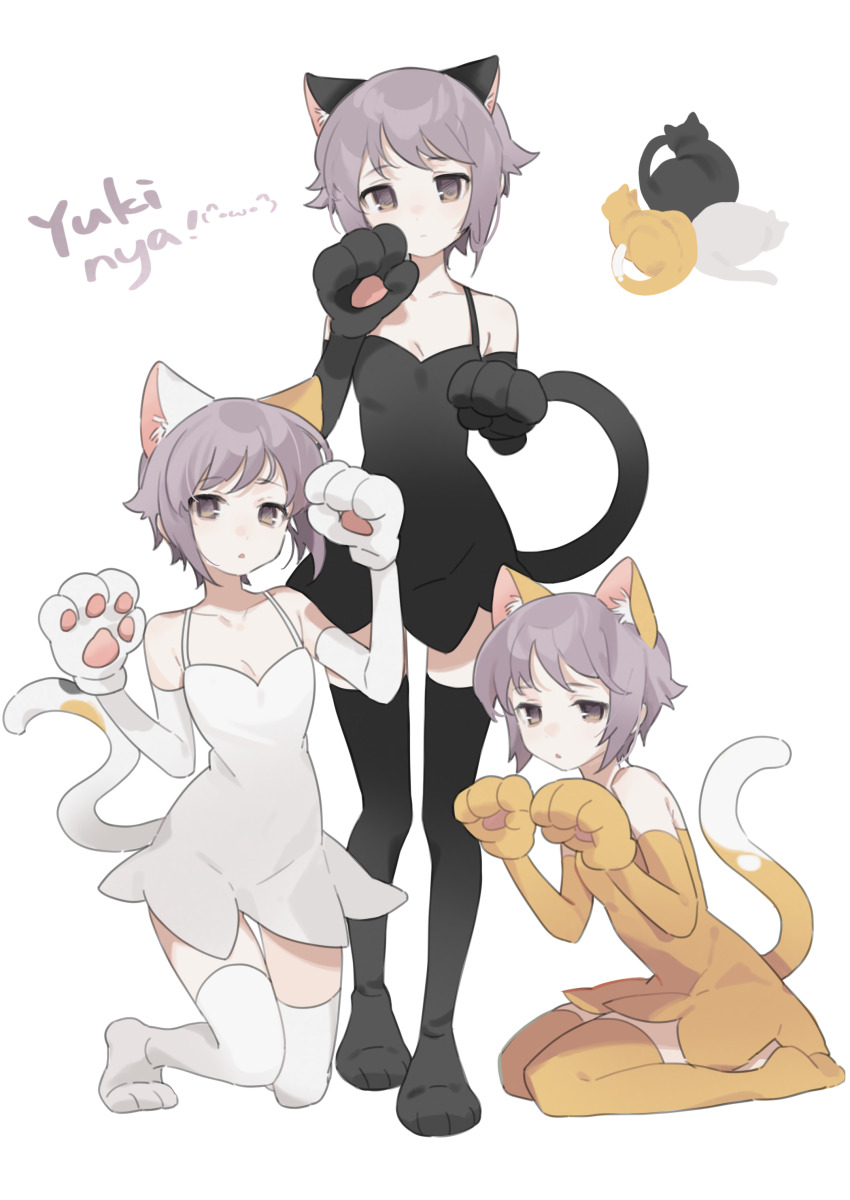 3girls, absurdres, animal_ears, animal_hands, black_dress, black_gloves, black_thighhighs, brown_dress