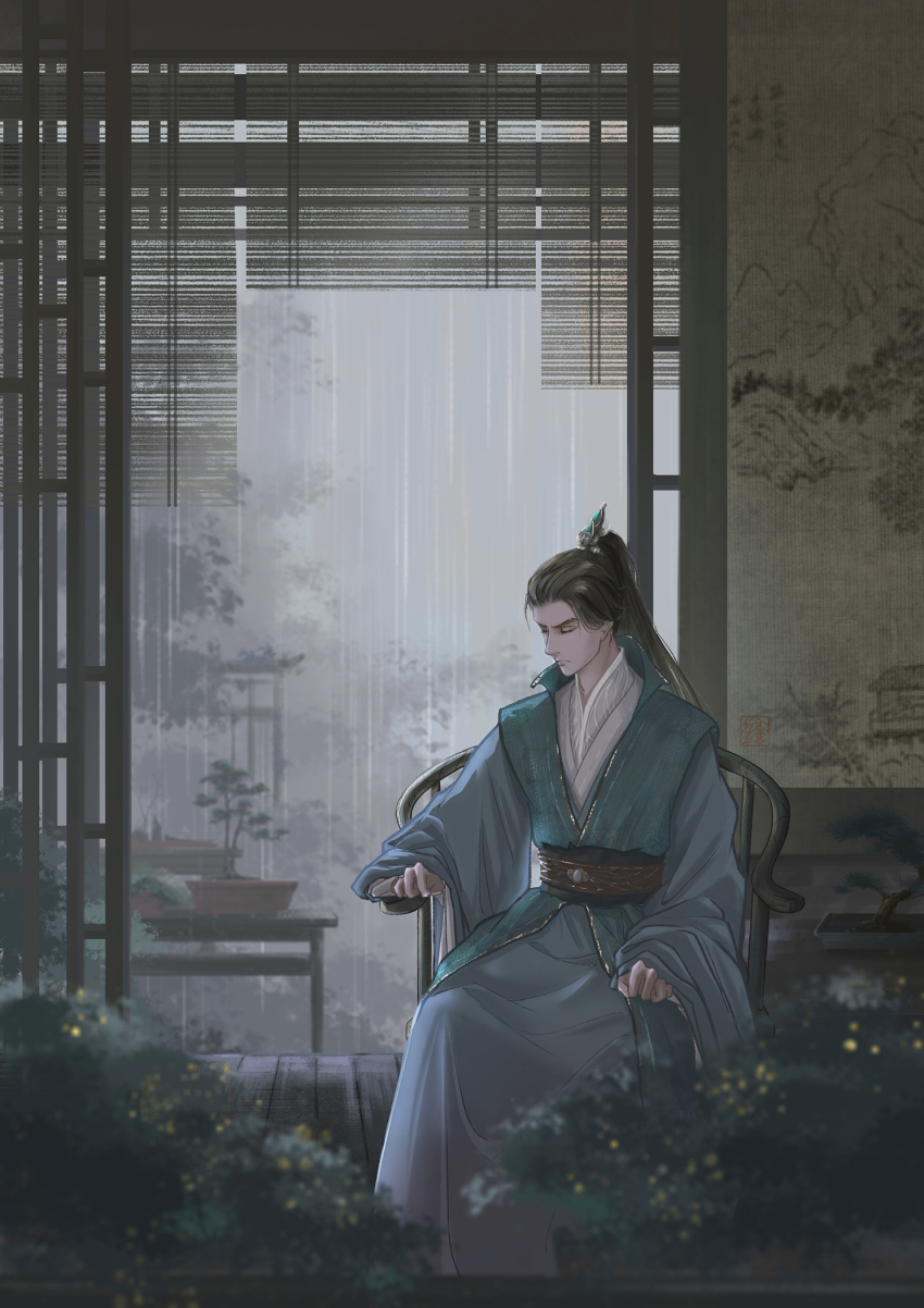 1boy, architecture, bijia, black_hair, black_sash, blue_hanfu, bonsai, brown_sash, chair, chinese_clothes, closed_eyes, east_asian_architecture, foliage, hanfu, highres, indoors, long_sleeves, original, overfly1112, rain, sash, sitting, solo, vest, wide_sleeves, xiao_guan_(headdress), zhijupao