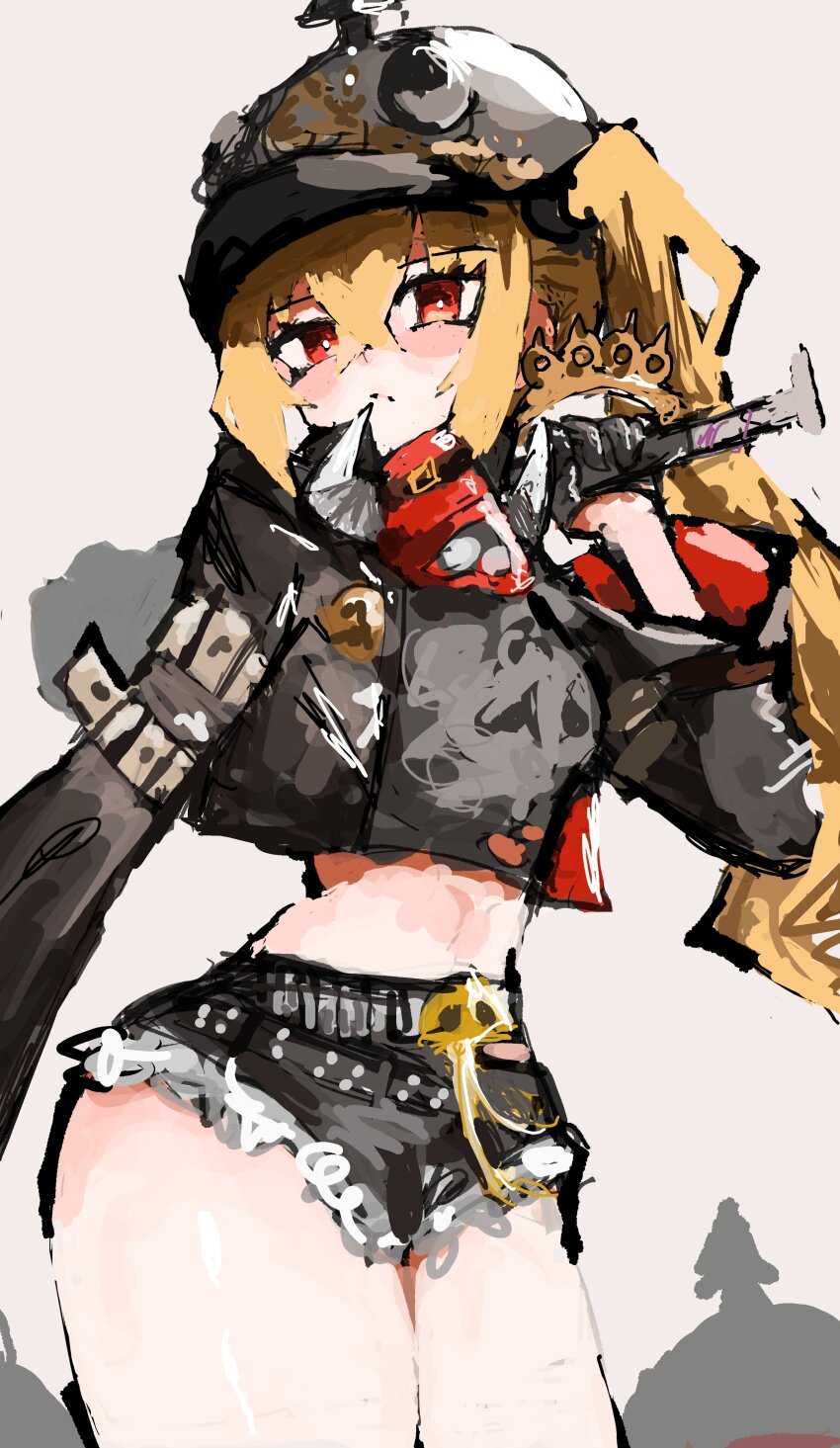 1girl, absurdres, arm_at_side, baseball_bat, belt, black_belt, black_jacket, black_shirt, black_shorts, blonde_hair, blush, closed_mouth, cowboy_shot, cropped_jacket, cropped_shirt, crossed_bangs, denim, denim_shorts, expressionless, grey_background, hand_up, helmet, highres, holding, holding_baseball_bat, holding_weapon, jacket, long_hair, long_sleeves, looking_at_viewer, luciana_de_montefio, midriff, narrow_waist, red_eyes, shirt, short_shorts, shorts, side_ponytail, simple_background, sketch, solo, thick_thighs, thighs, weapon, yo_mi_chi000, zenless_zone_zero