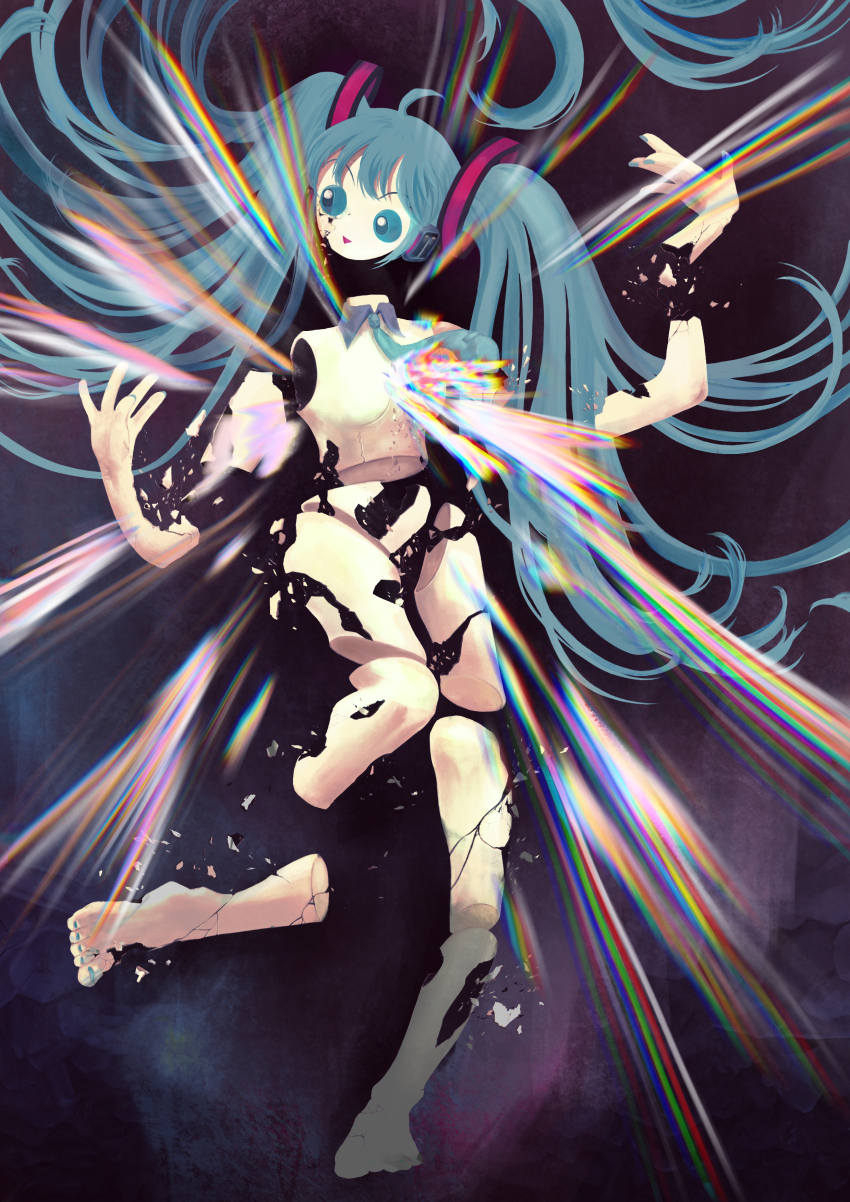 1girl, absurdres, aqua_eyes, aqua_hair, broken, broken_doll, doll, floating, floating_hair, hatsune_miku, highres, long_hair, magic, mikinine, necktie, solo, very_long_hair, vocaloid
