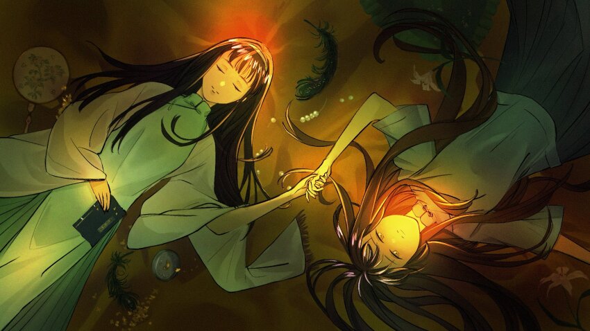 2girls, black_hair, blue_shirt, china_dress, chinese_clothes, dress, feathers, flower, from_above, green_dress, hand_fan, highres, holding_hands, lily_(flower), long_hair, lying, mandarin_collar, mikinine, multiple_girls, on_back, original, pleated_skirt, republic_of_china_school_uniform, rotational_symmetry, school_uniform, shawl, shirt, skirt, tuanshan, yuri