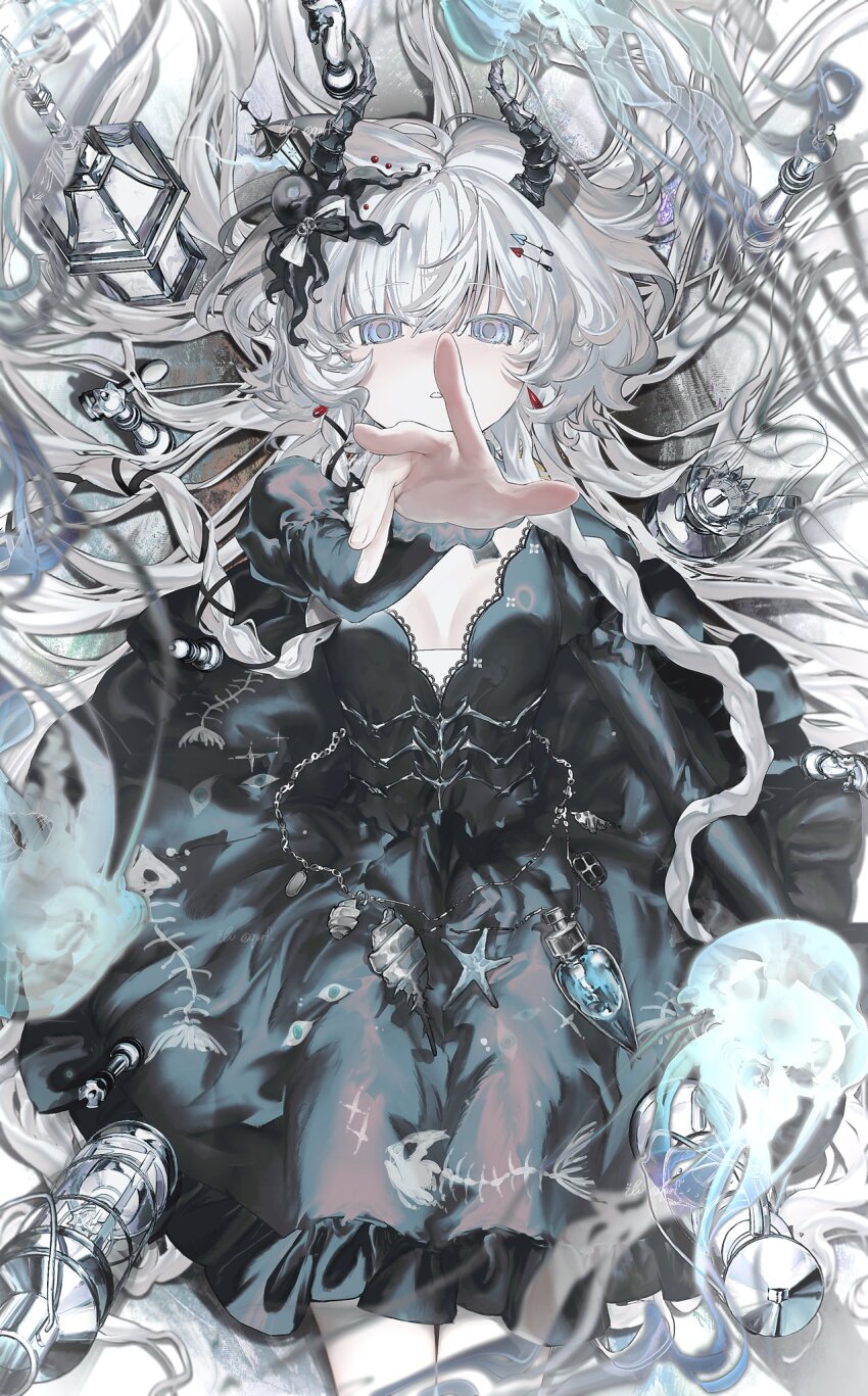 1girl, arm_up, arrow_hair_ornament, black_bow, black_dress, black_horns, bottle, bow