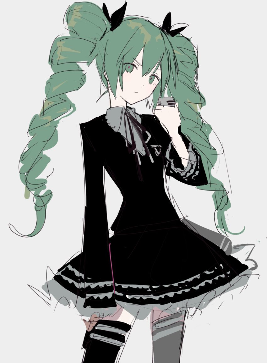 1girl, aqua_eyes, aqua_hair, black_bow, black_dress, black_thighhighs, bow, dark_angel_(module)