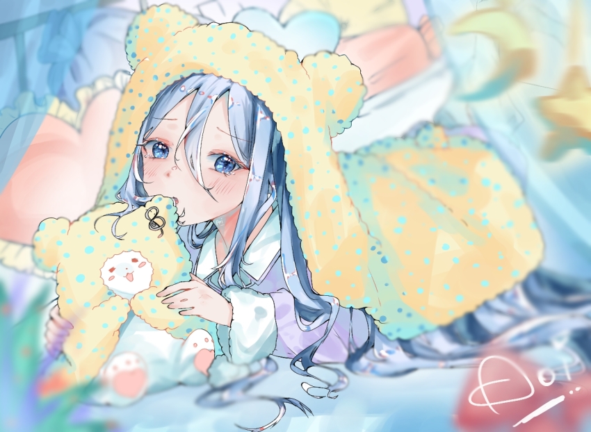 1girl, :3, animal, animal_ears, aoizorachi, bear, bed, blanket, blue_eyes, blue_hair, blush, canopy_bed, collared_shirt, cub, curtains, fake_animal_ears, fake_tail, frilled_pillow, frills, frown, fur-trimmed_sleeves, fur_trim, hair_spread_out, heart, heart-shaped_pillow, holding, holding_animal, looking_at_viewer, lying, marumofubiyori, moon_(ornament), nibbling, on_stomach, open_mouth, pajamas, pillow, plant, polar_bear, polka_dot_blanket, project_sekai, purple_pajamas, red_pillow, sanrio, shirt, signature, star_ornament, tail, yellow_blanket, yellow_pillow, yoisaki_kanade
