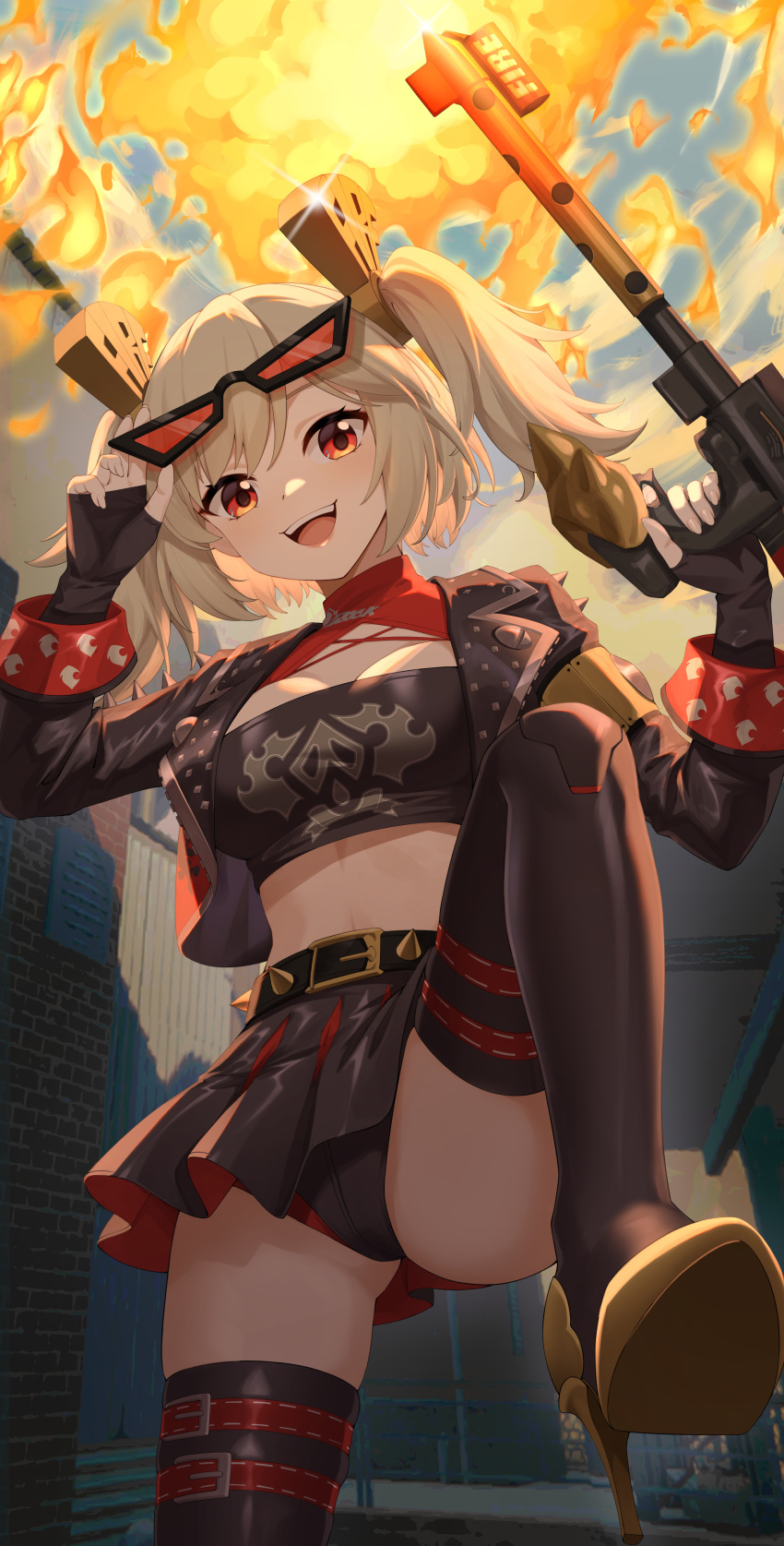1girl, :d, absurdres, adjusting_eyewear, belt, black_belt, black_jacket, black_panties, black_skirt, black_tube_top, blonde_hair, breasts, burnice_white, cleavage, collar, commentary, eyewear_on_head, fire, flame_print, flamethrower, hair_ornament, highres, holding, holding_flamethrower, holding_weapon, jacket, large_breasts, leg_up, looking_at_viewer, midriff, miniskirt, open_clothes, open_jacket, open_mouth, orange-tinted_eyewear, orange_eyes, panties, pleated_skirt, qi_xuan, red_collar, short_hair, skirt, smile, solo, strapless, teeth, thighs, tinted_eyewear, tube_top, twintails, underwear, upper_teeth_only, weapon, zenless_zone_zero