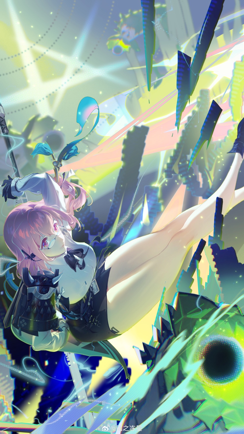 1girl, absurdres, artist_name, black_gloves, black_skirt, breasts, closed_mouth, dress_shirt, expressionless, feet_out_of_frame, glasses, gloves, guozhidongliang, hair_between_eyes, high-waist_skirt, highres, holding, holding_polearm, holding_weapon, large_breasts, legs, long_hair, looking_at_viewer, naginata, pencil_skirt, pink_eyes, pink_hair, polearm, shirt, sidelocks, skirt, solo, tsukishiro_yanagi, watermark, weapon, weibo_watermark, white_shirt, zenless_zone_zero