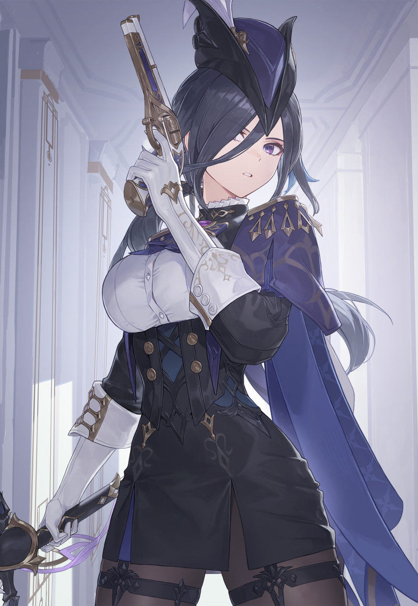 1girl, absolution_(genshin_impact), black_hair, black_pantyhose, black_skirt, cape, clorinde_(genshin_impact), corset