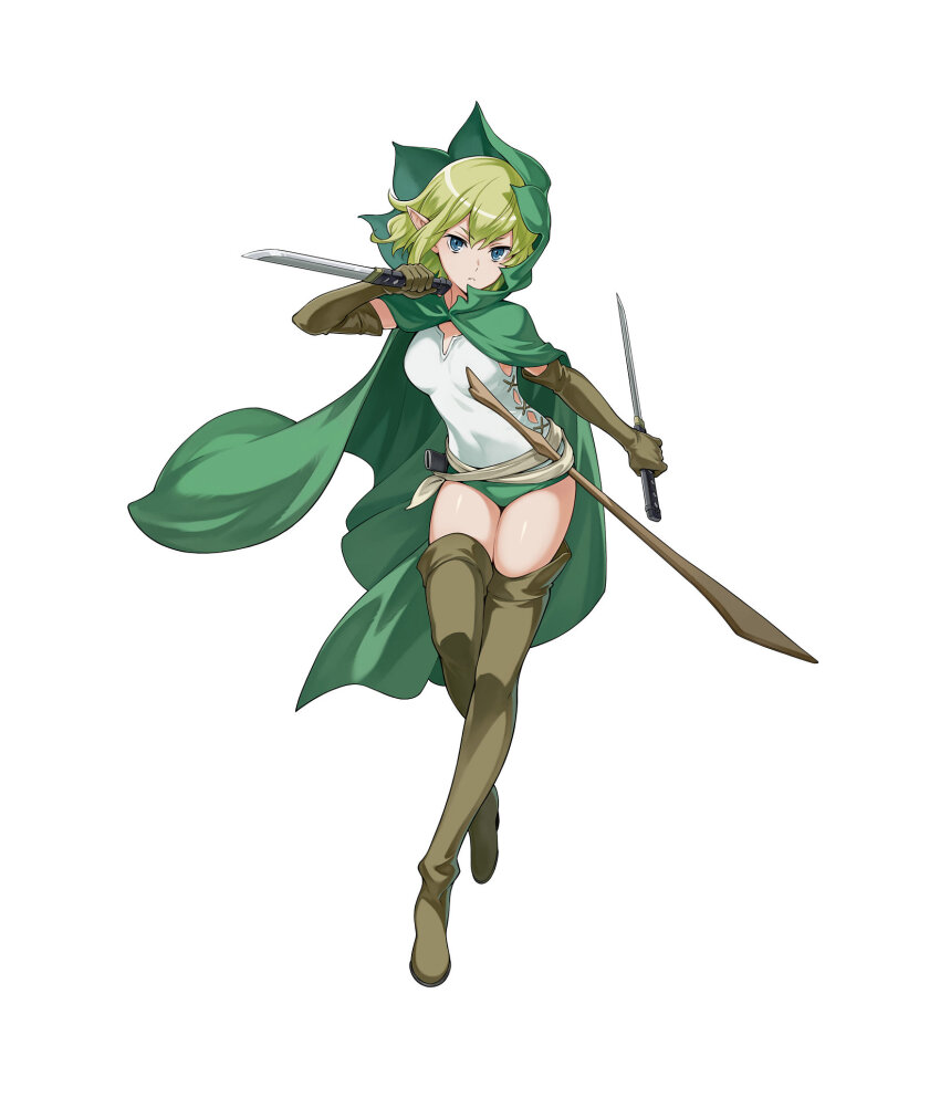 1girl, boots, brown_boots, brown_gloves, cape, copyright_name, copyright_notice, double-parted_bangs