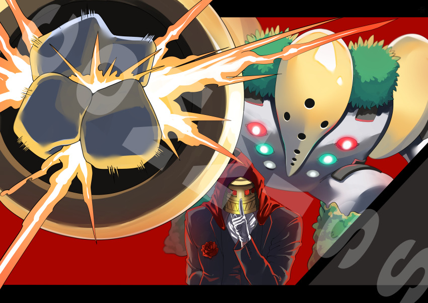 2others, absurdres, arm_up, backlighting, black_jacket, bright_pupils, clenched_hand, commission