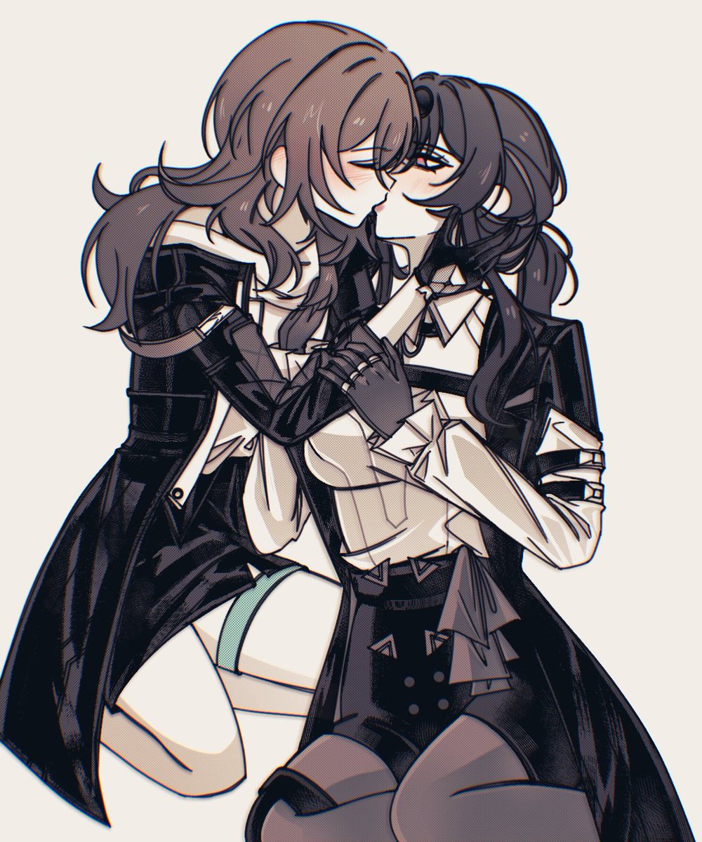 2girls, birdburglar99, black_gloves, black_jacket, black_shorts, black_skirt, blush, brown_background