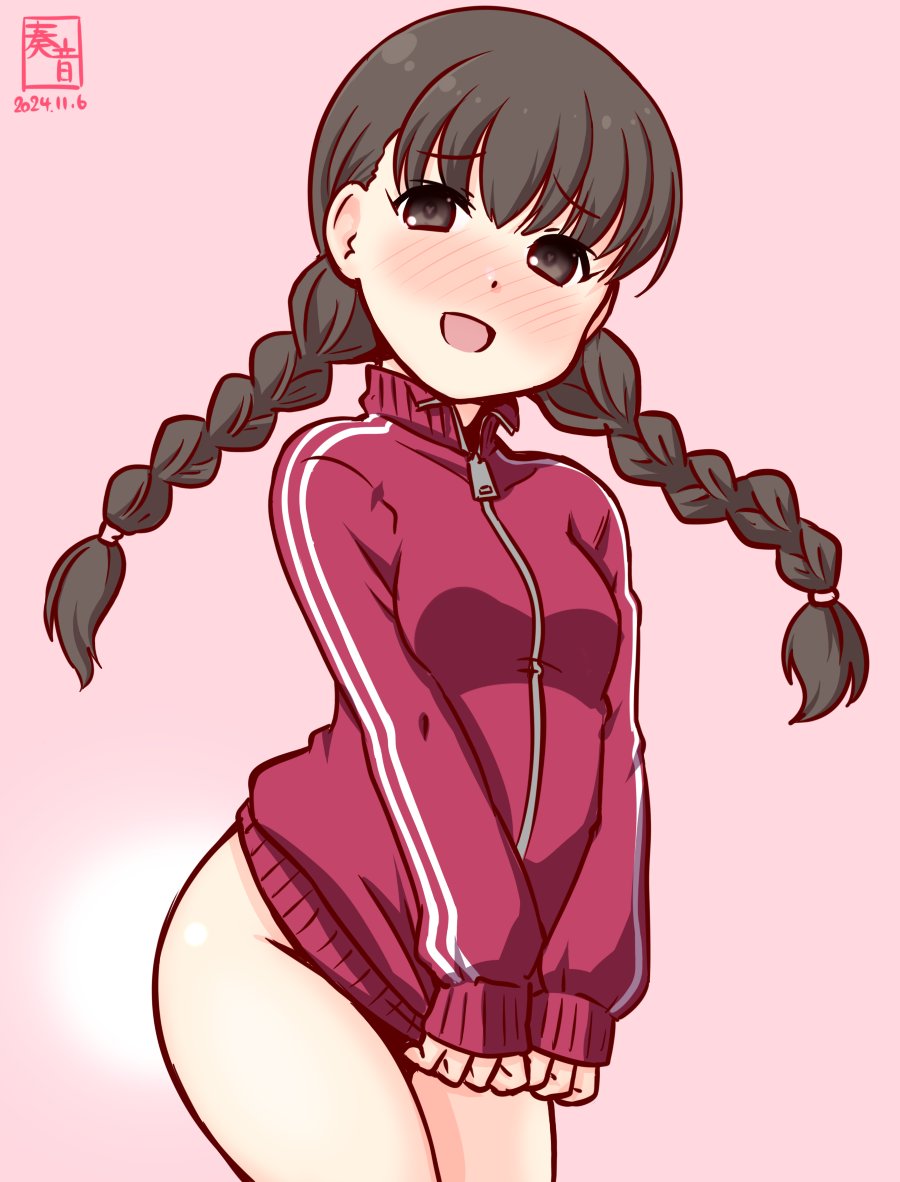 1girl, alternate_costume, black_eyes, black_hair, blush, bottomless, braid, clothes_pull