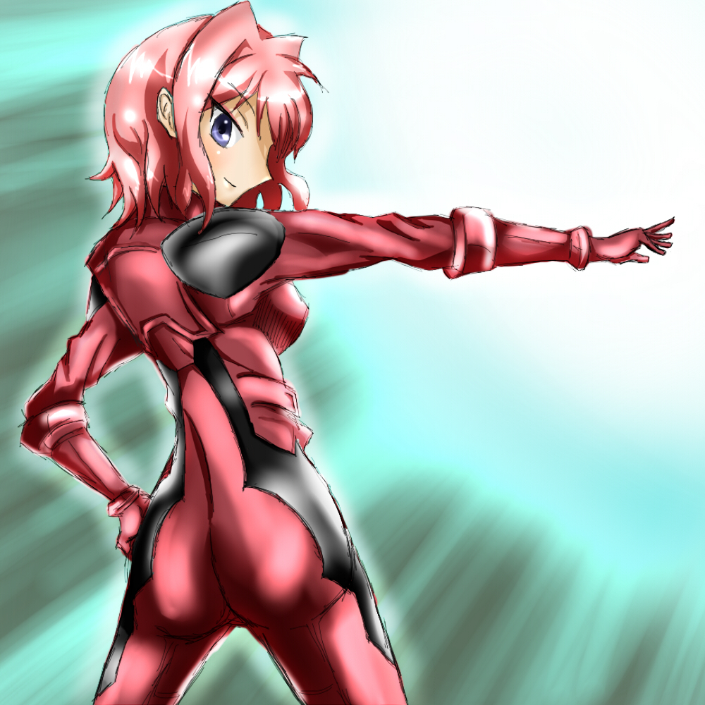 ass, biker_clothes, bikesuit, blue_eyes, bodysuit, hand_on_own_hip, hip_focus, pink_hair
