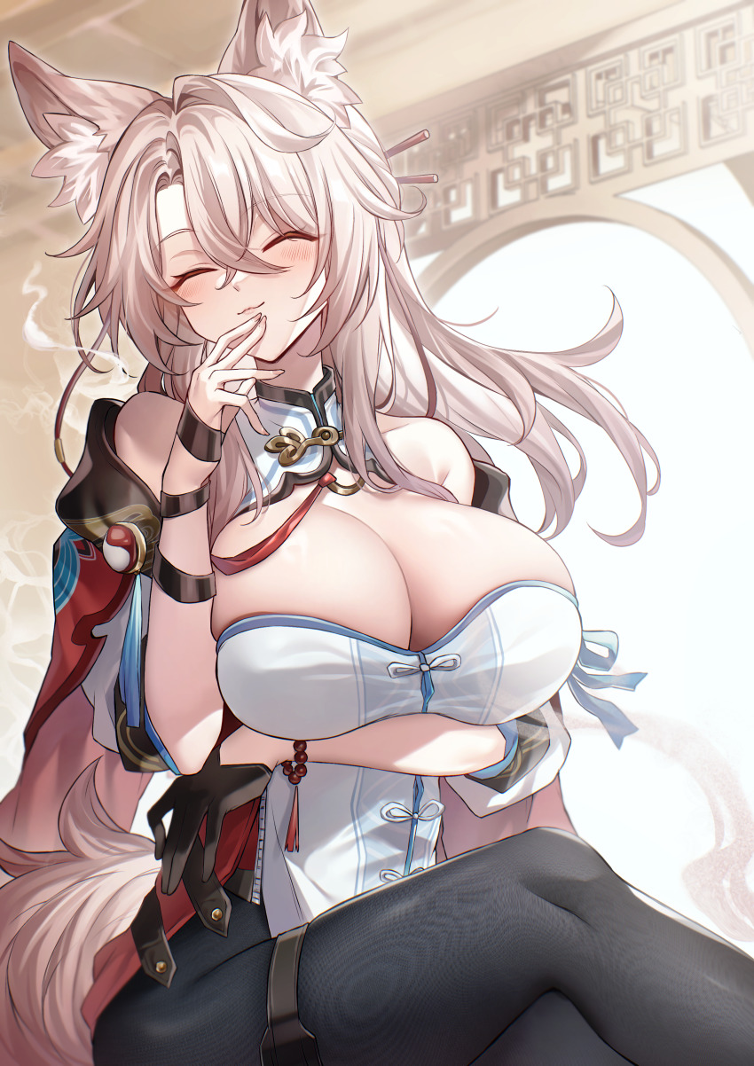 1girl, ^_^, absurdres, animal_ears, bare_shoulders, black_pantyhose, breasts, chachong_sama