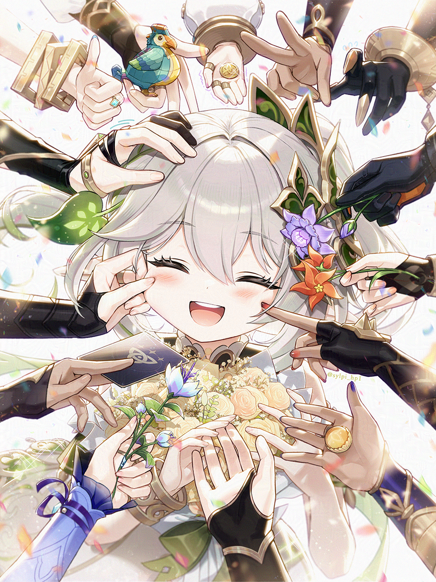 1girl, :d, ^_^, aether_(genshin_impact), aether_(knight_of_flowers)_(genshin_impact), alhaitham_(genshin_impact), bare_shoulders, blue_nails