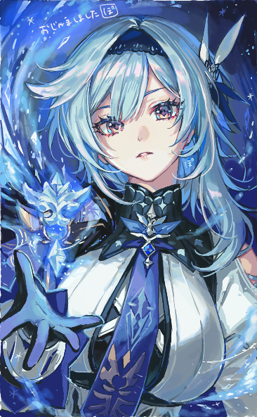 1girl, black_hairband, blue_gloves, blue_hair, blue_necktie, breasts, commentary_request, eula_(genshin_impact)