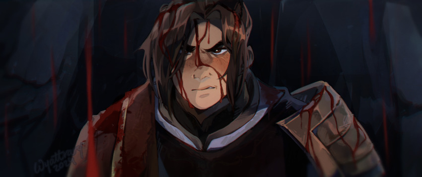 1boy, armor, black_robe, blood, blood_in_hair, blood_on_armor, blood_on_clothes, blood_on_face