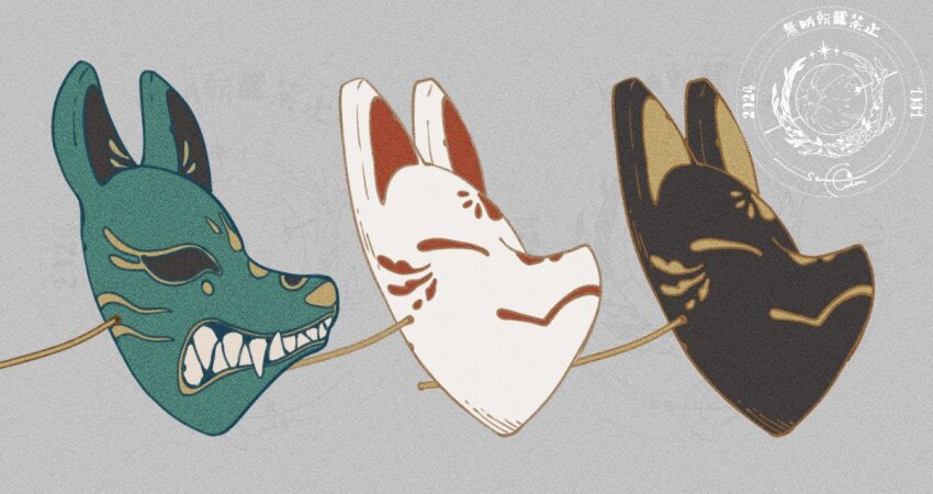 artist_logo, aster0014, black_eyes, black_mask, closed_eyes, closed_mouth, commentary_request, facial_mark