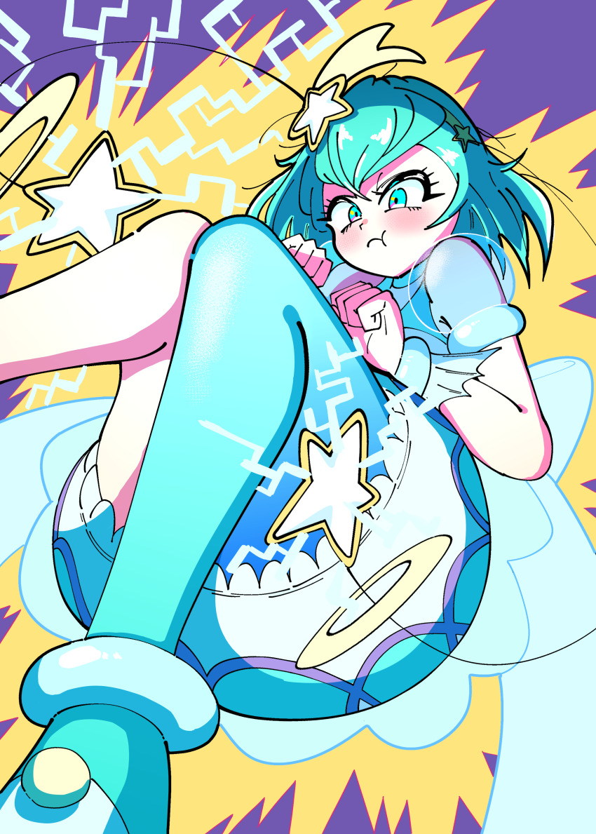 1girl, absurdres, aqua_boots, aqua_choker, aqua_dress, aqua_eyes, aqua_hair, aqua_pantyhose, blush, boots, bracelet, choker, closed_mouth, cure_milky, dress, hagoromo_lala, hair_ornament, high_heel_boots, high_heels, highres, jewelry, kikukekosasi, magical_girl, medium_hair, pantyhose, precure, puffy_short_sleeves, puffy_sleeves, see-through_clothes, see-through_sleeves, short_dress, short_sleeves, single_leg_pantyhose, solo, star_(symbol), star_hair_ornament, star_twinkle_precure