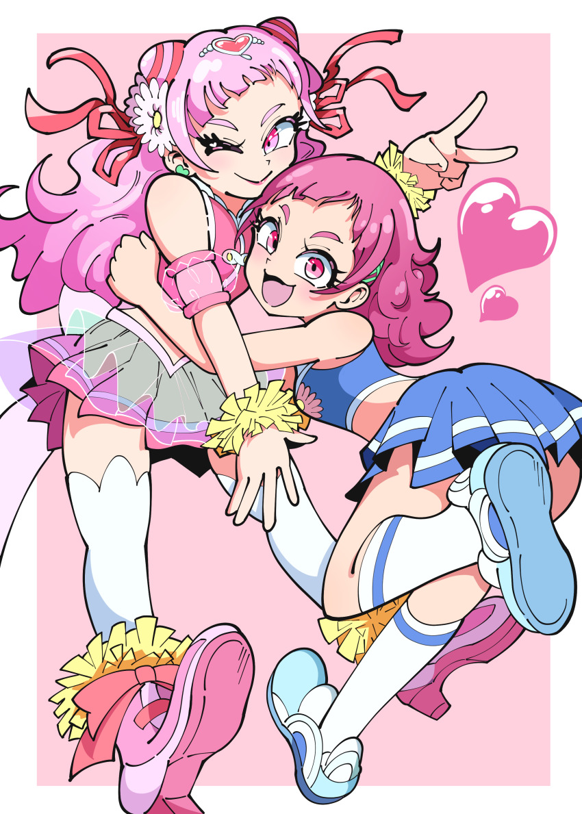 2girls, absurdres, blue_footwear, blue_shirt, blue_skirt, blush, closed_mouth, cone_hair_bun