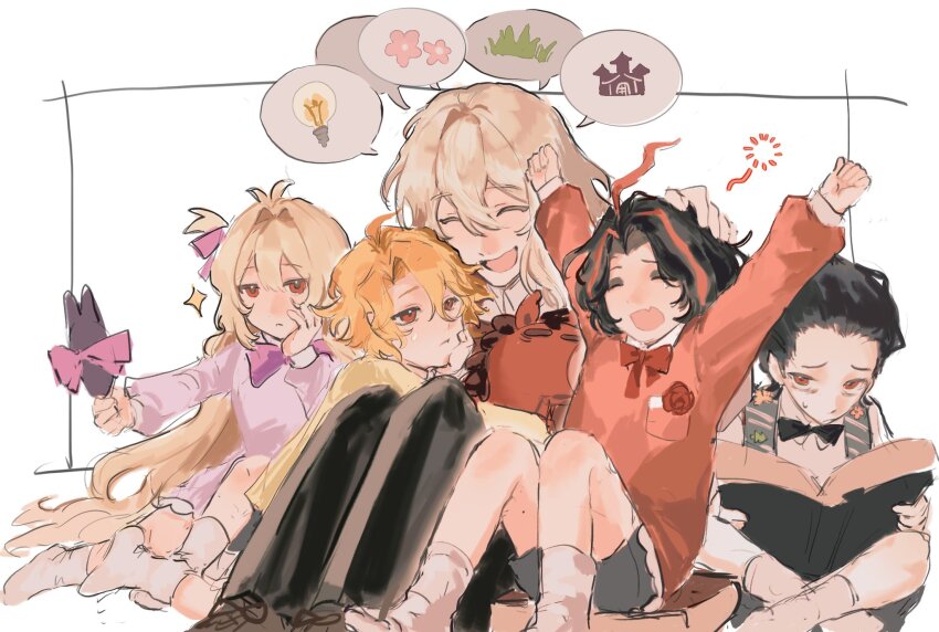 2boys, 3girls, aged_down, arms_up, nicolina_(project_moon), black_hair, black_pants, blonde_hair