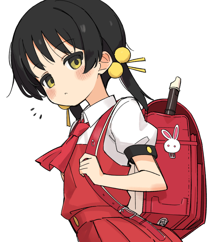 1girl, ascot, backpack, bag, black_hair, blush, collared_shirt, dress, flute, fusazakura, hair_ornament, highres, instrument, kaai_yuki, kaai_yuki_(vocaloid4), kyoufuu_all_back_(vocaloid), light_frown, low_twintails, pleated_skirt, puffy_short_sleeves, puffy_sleeves, randoseru, recorder, red_ascot, red_bag, red_dress, shirt, short_sleeves, short_twintails, skirt, strap, twintails, white_shirt, yellow_eyes