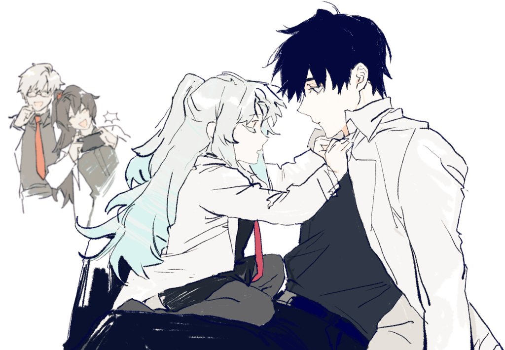 2boys, 2girls, adjusting_another's_clothes, alternate_universe, angela_(project_moon), ayin_(project_moon), bad_id, bad_twitter_id, benjamin_(project_moon), black_hair, blue_hair, brown_hair, carmen_(project_moon), closed_eyes, coat, glasses, grey_hair, iiii_roland, lab_coat, lobotomy_corporation, long_hair, multiple_boys, multiple_girls, one_side_up, open_mouth, parted_bangs, ponytail, project_moon, sidelocks, simple_background, very_long_hair, white_background, white_coat