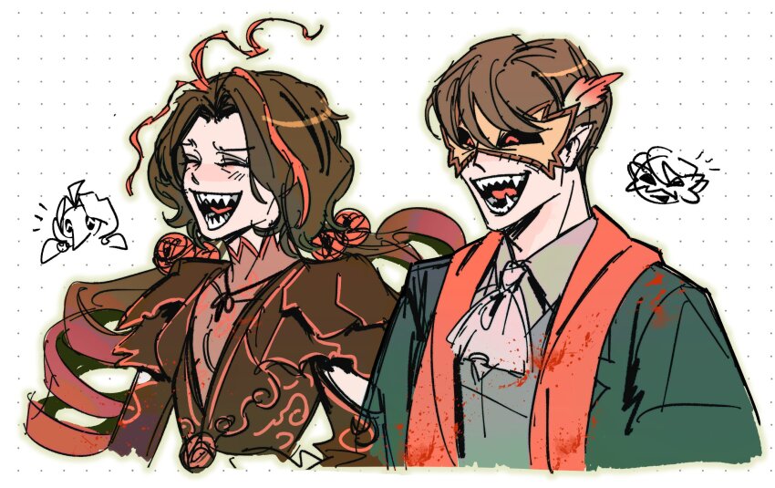 1boy, 1girl, ahoge, ascot, nicolina_(project_moon), black_dress, black_ribbon, breasts