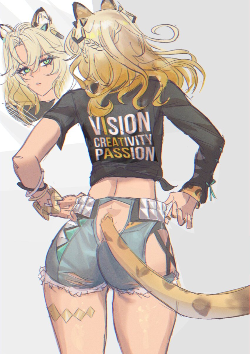 animal_ears, ass_cutout, black_shirt, blonde_hair, butt_crack, cat_ears, cat_girl, cat_tail, clothing_cutout, denim, denim_shorts, english_text, genshin_impact, gnarlypzofbread, highres, shirt, shorts, tail, white_background, xilonen_(genshin_impact)