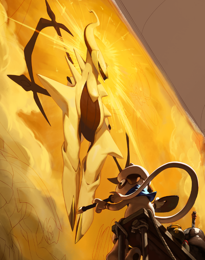 arceus, azelf, bench, blue_scarf, dialga, gen_2_pokemon, gen_4_pokemon, halo