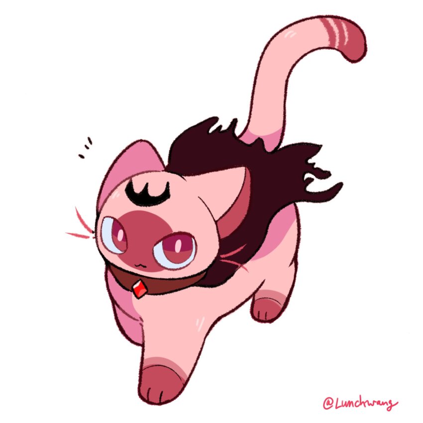 animalization, black_cape, black_tiara, cape, cat, highres, hololive, hololive_english, luchawang, mori_calliope, no_humans, pink_cat, pink_eyes, signature, tiara, torn_cape, torn_clothes, virtual_youtuber