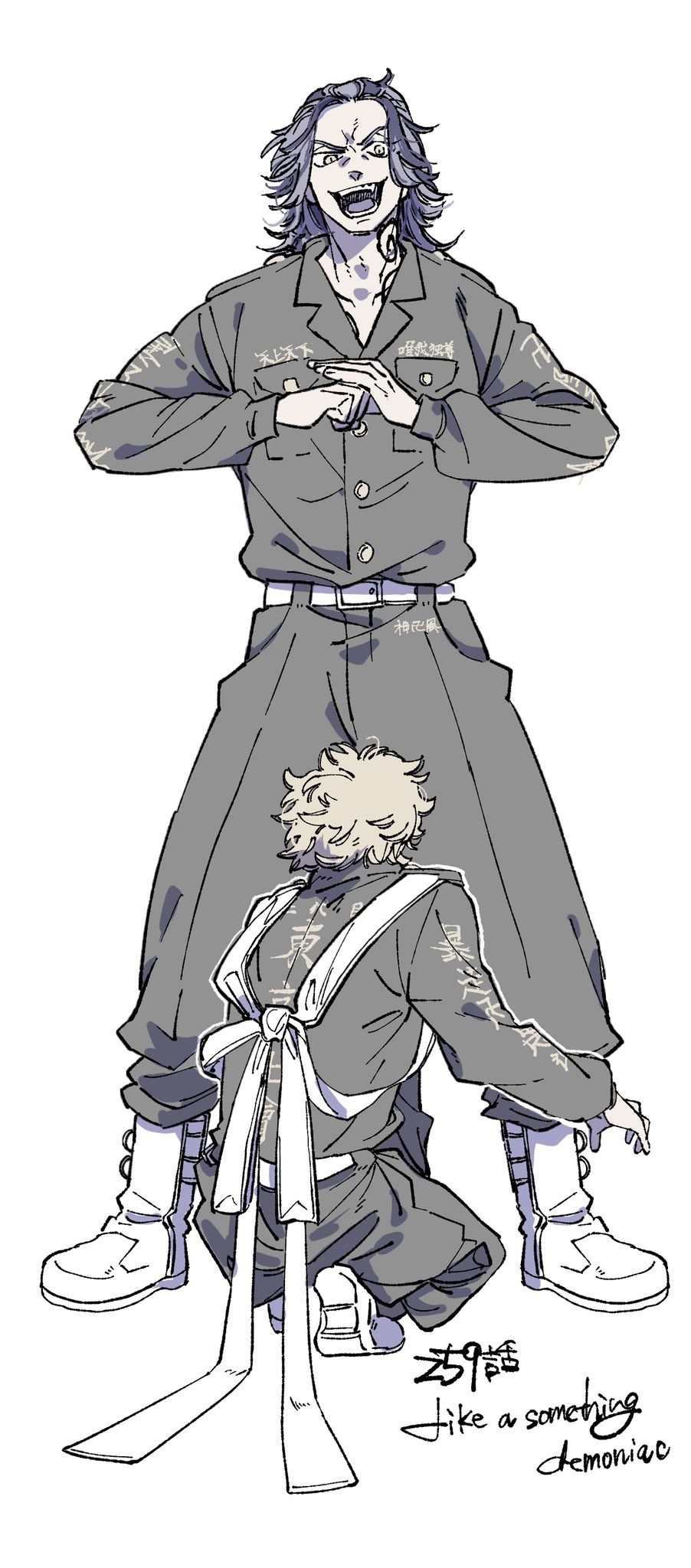 2boys, baggy_pants, belt, black_pants, blue_hair, boots, breast_pocket, buttons