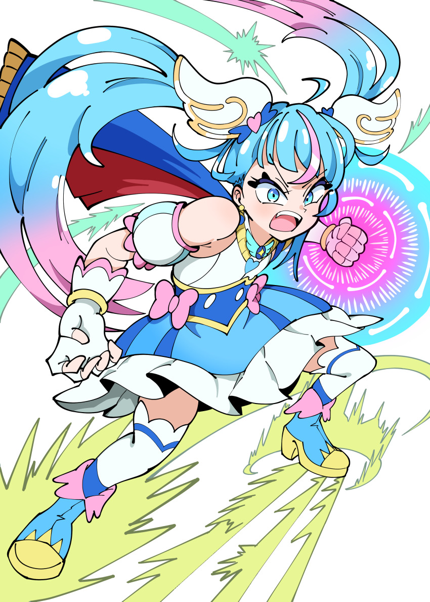 1girl, absurdres, bare_shoulders, blue_boots, blue_eyes, blue_hair, blue_skirt, boots