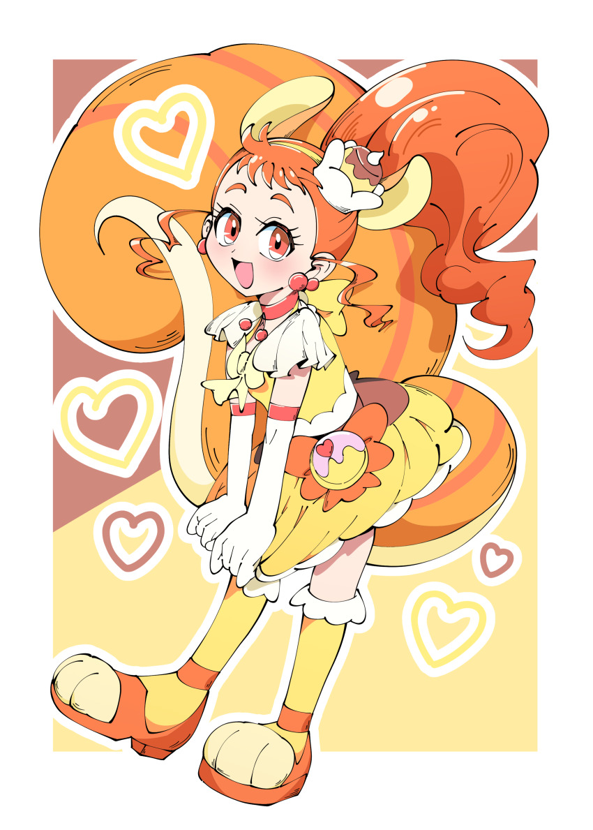 1girl, absurdres, animal_ears, arisugawa_himari, brown_eyes, brown_hair, choker, commentary, cure_custard, custard, dress, dress_tug, earrings, elbow_gloves, extra_ears, food-themed_earrings, food-themed_hair_ornament, full_body, gloves, hair_ornament, hair_pulled_back, hairband, heart, highres, jewelry, kikukekosasi, kirakira_precure_a_la_mode, kneehighs, leaning_forward, long_hair, looking_at_viewer, magical_girl, open_mouth, orange_choker, orange_shoes, outline, ponytail, pouch, precure, shoes, short_dress, smile, socks, solo, squirrel_ears, squirrel_tail, tail, white_gloves, white_outline, yellow_background, yellow_dress, yellow_hairband, yellow_socks