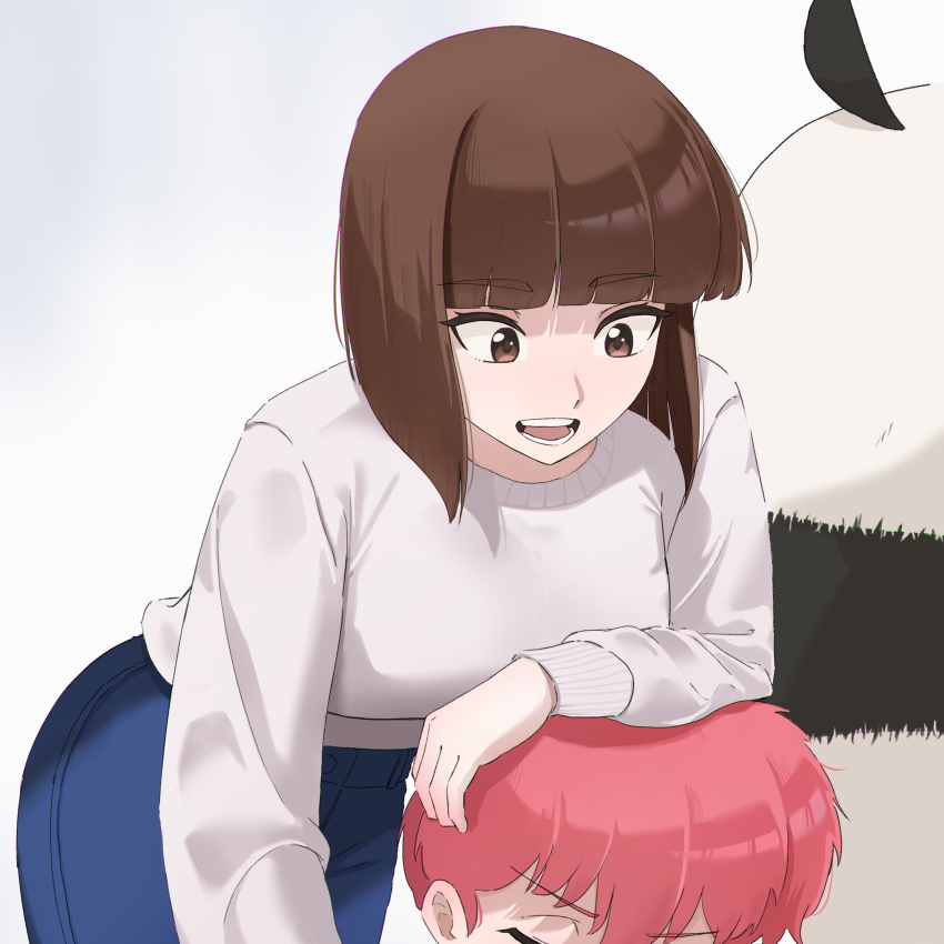 1boy, 2girls, :d, absurdres, arm_on_another's_head, arm_rest, bent_over, blue_pants