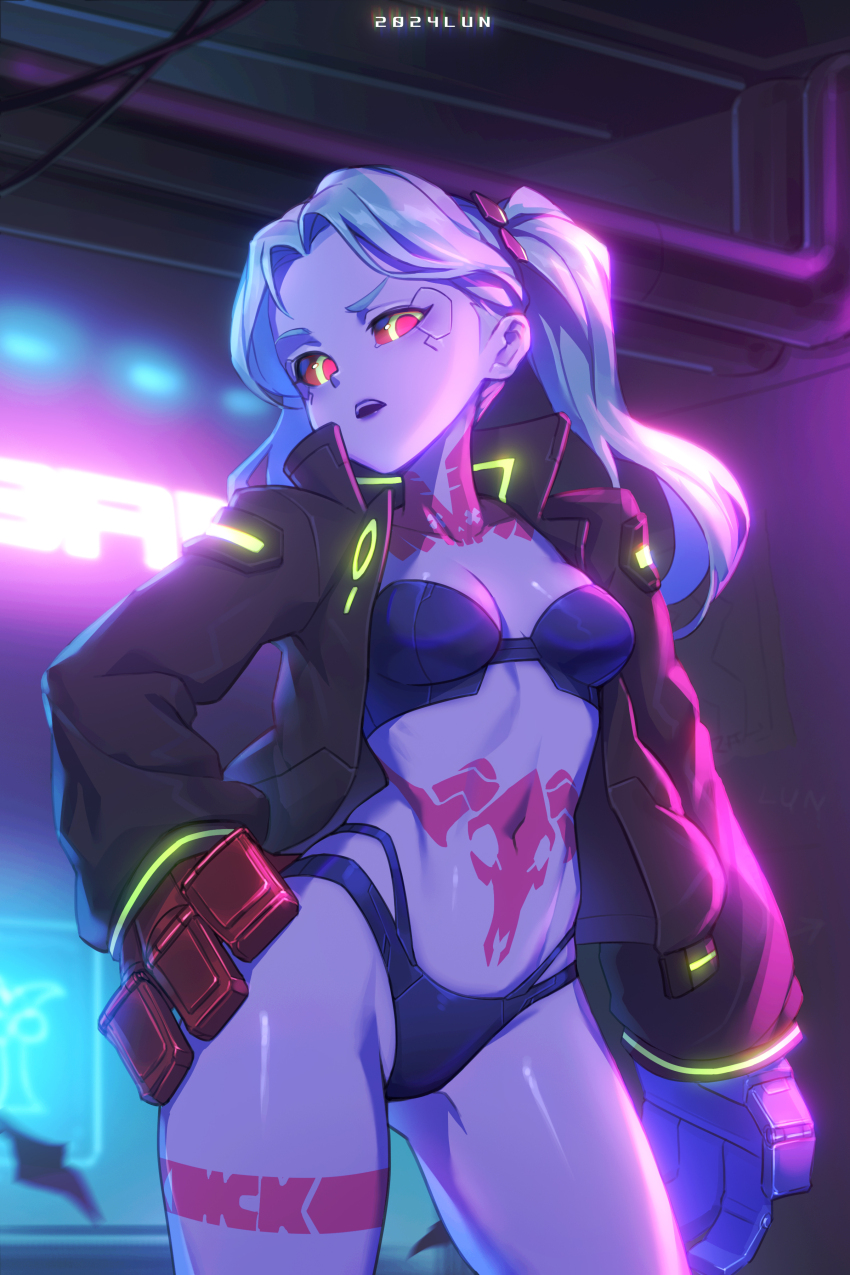 1girl, absurdres, aqua_hair, black_jacket, blue_bra, blue_panties, bra, breasts, colored_sclera, colored_skin, cyberpunk_(series), cyberpunk:_edgerunners, fewer_digits, glowing, hand_on_own_hip, highres, jacket, leg_tattoo, long_hair, long_sleeves, lunn, mismatched_arms, navel, neon_lights, open_clothes, open_jacket, oversized_forearms, oversized_limbs, panties, raised_eyebrow, rebecca_(cyberpunk), red_pupils, red_sclera, samurai_jacket_(cyberpunk), shiny_skin, small_breasts, solo, stomach_tattoo, strapless, strapless_bra, tattoo, thong, twintails, underwear, white_skin, wide_hips, wide_sleeves, yellow_eyes
