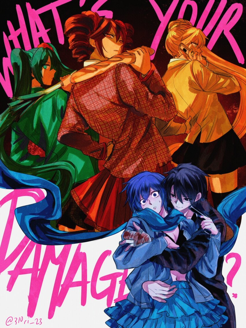 1boy, 4girls, absurdres, akita_neru, baguette, bandaged_hand, bandages, black_eyes, black_hair, black_skirt, black_tank_top, black_thighhighs, blonde_hair, blue_eyes, blue_hair, blue_hoodie, blue_scarf, blue_skirt, bread, breasts, cellphone, cleavage, commentary_request, cosplay, drill_hair, english_text, food, frilled_skirt, frills, genderswap, genderswap_(mtf), glasses, green_jacket, green_skirt, gun, gun_to_head, hand_on_own_hip, hatsune_miku, heather_chandler, heather_chandler_(cosplay), heather_duke, heather_duke_(cosplay), heather_macnamara, heather_macnamara_(cosplay), heathers, high_ponytail, highres, hiyama_kiyoteru, holding, holding_food, holding_gun, holding_phone, holding_weapon, hood, hoodie, hug, hug_from_behind, jacket, jason_dean, jason_dean_(cosplay), kaito_(vocaloid), kasane_teto, long_hair, looking_at_viewer, midori_(310ri_23), midriff, multiple_girls, navel, phone, ponytail, red_jacket, red_skirt, scarf, short_hair, skirt, smile, song_name, spring_onion, sweatdrop, tank_top, thighhighs, twin_drills, twintails, twitter_username, utau, veronica_sawyer, veronica_sawyer_(cosplay), very_long_hair, vocaloid, weapon, yellow_eyes, yellow_jacket