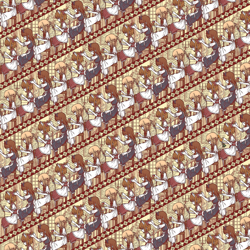 3girls, absurdres, adjusting_another's_hair, apron, birijian, blonde_hair, blue_dress, bow