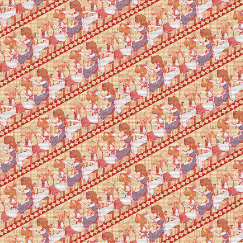 3girls, absurdres, adjusting_another's_hair, apron, birijian, blonde_hair, blue_dress, bow