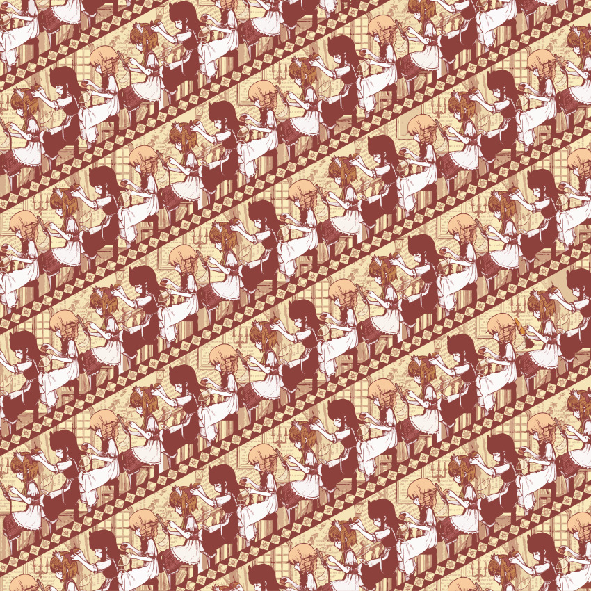 3girls, absurdres, adjusting_another's_hair, apron, birijian, blonde_hair, blue_dress, bow