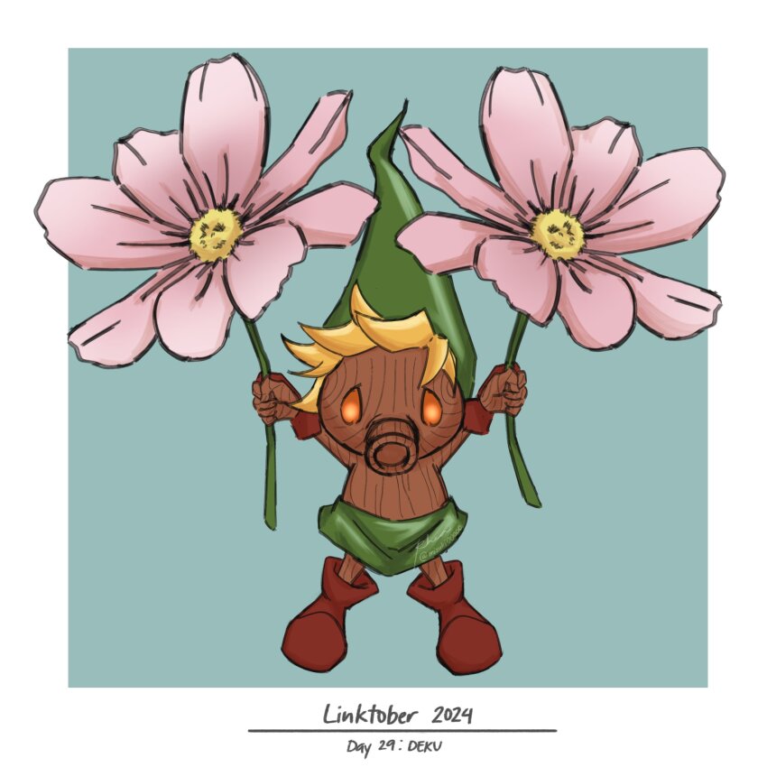 1boy, 2024, blonde_hair, blue_background, boots, border, deku_link, deku_scrub