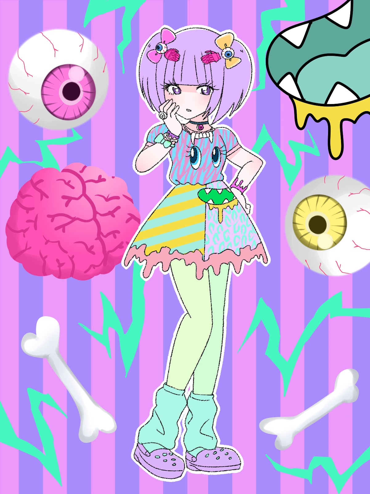 1girl, animal_print, aqua_leg_warmers, bow, bracelet, bracelet_bow, choker, colorful