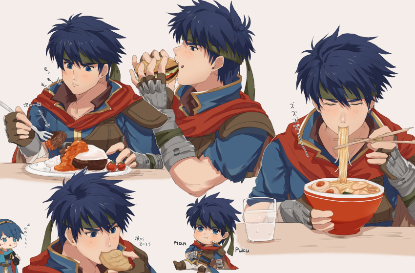 1boy, arm_guards, blue_eyes, blue_hair, bowl, burger, cape, chibi