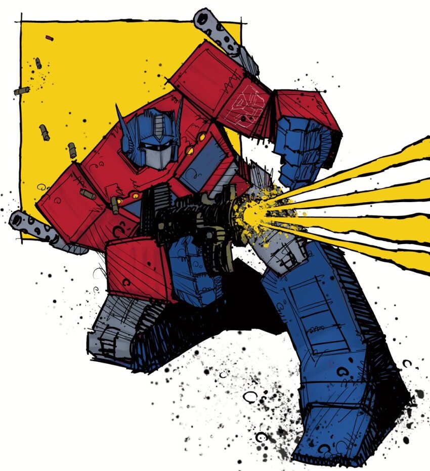 1boy, autobot, azoinab, blue_helmet, clip_(weapon), energy_gun, firing, gun, helmet, highres, insignia, kneeling, laser_rifle, mecha, mecha_focus, optimus_prime, robot, simple_background, tagme, transformers, transformers:_generation_1, weapon, white_background, yellow_background