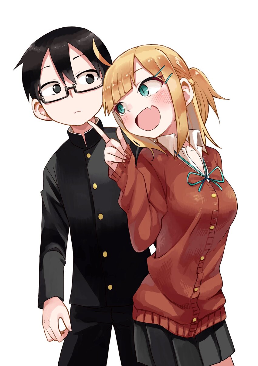 1boy, 1girl, black_eyes, black_hair, black_jacket, black_pants, black_skirt, blush, breasts, cardigan, closed_mouth, collared_shirt, commentary_request, cowboy_shot, double-parted_bangs, doujima-kun_wa_doujinai, doujima_(doujima-kun_wa_doujinai), fang, gakuran, glasses, green_eyes, green_ribbon, hair_ornament, hairclip, hand_up, highres, himewaka_(doujima-kun_wa_doujinai), index_finger_raised, jacket, long_sleeves, looking_at_another, looking_back, medium_breasts, medium_hair, neck_ribbon, open_mouth, pants, pleated_skirt, red_cardigan, ribbon, school_uniform, second-party_source, semi-rimless_eyewear, shirt, short_hair, sidelocks, simple_background, skin_fang, skirt, slit_pupils, smile, standing, under-rim_eyewear, white_background, white_shirt, yamamoto_souichirou