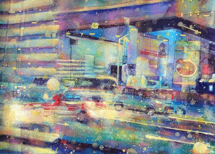 absurdres, acrylic_paint_(medium), building, car, city, highres, highway, jobanni