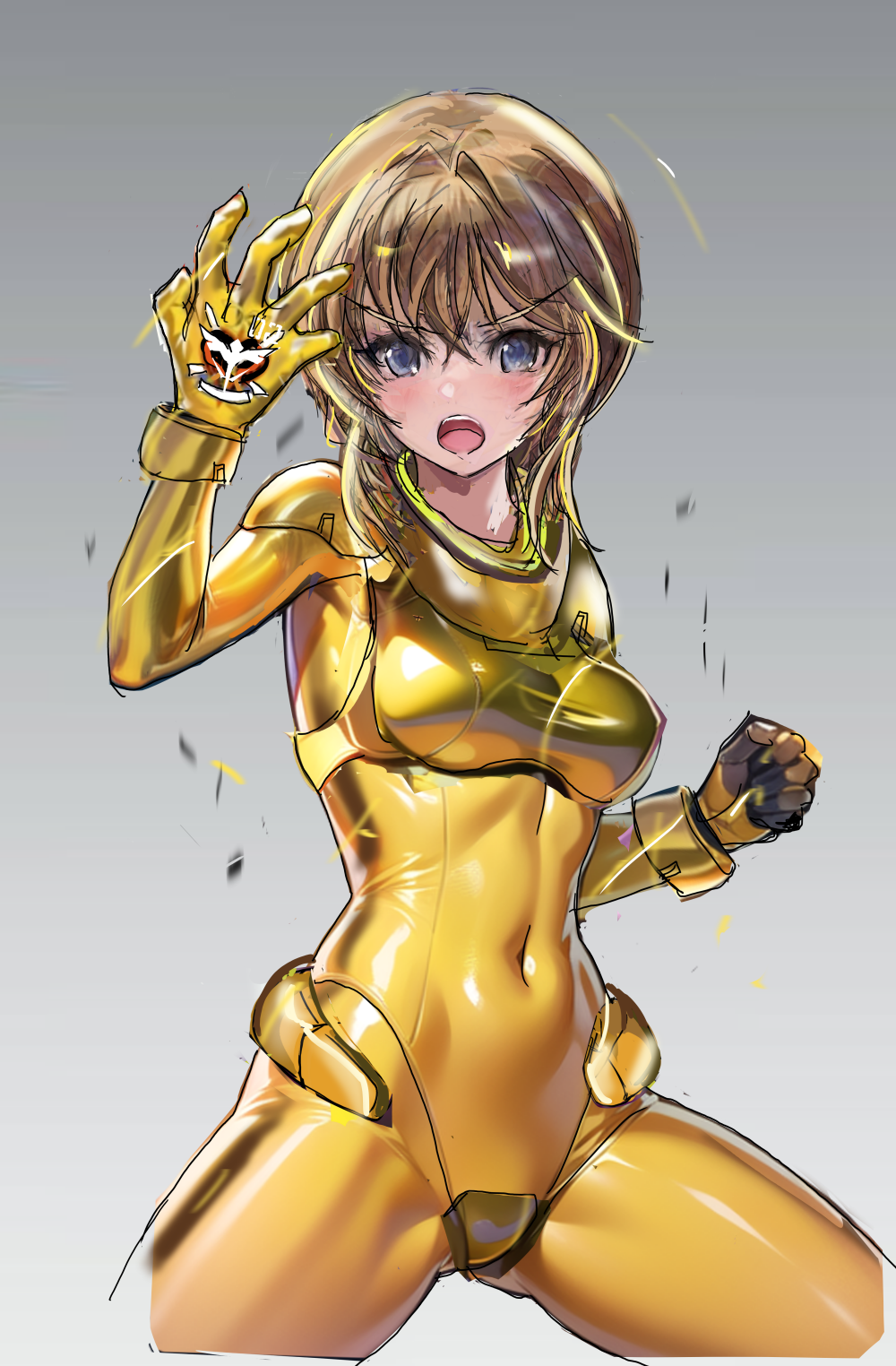 1girl, blush, bodysuit, breasts, covered_navel, cropped_legs, fighting_stance, g_gundam, gold_bodysuit, gundam, gundam_zz, highres, huo_ji_wu, hyper_mode_(gundam), looking_at_viewer, mecha_pilot_suit, normal_suit_(gundam), open_mouth, orange_hair, purple_eyes, puru_two, shiny_clothes, short_hair, sidelocks, skin_tight, solo, standing
