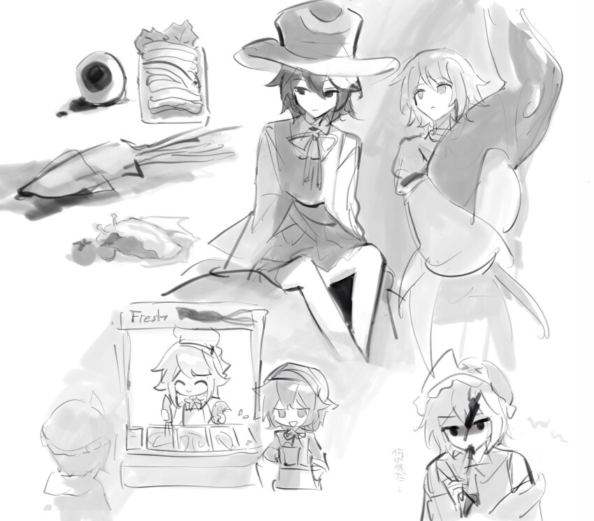 3others, ^_^, animal, apron, bad_id, bad_twitter_id, bare_shoulders, blood, chef_hat, closed_eyes, closed_mouth, clothing_cutout, coat, coattails, collared_shirt, cropped_legs, cropped_torso, dead_animal, disembodied_eye, enraku_tsubakura, enraku_tsubakura_(waiter_form), expressionless, eye_of_senri, fish, food_stand, frilled_headwear, from_behind, greyscale, hair_between_eyes, hakama, hakama_short_skirt, hakama_skirt, hat, headscarf, highres, holding, holding_animal, holding_fish, holding_knife, hood, hood_down, hooded_jacket, houlen_yabusame, houlen_yabusame_(chef_form), jacket, japanese_clothes, knife, layered_sleeves, len'en, long_sleeves, medium_hair, mob_cap, monochrome, multiple_others, multiple_views, neck_ribbon, oversized_animal, puffy_short_sleeves, puffy_sleeves, ribbon, shaded_face, shirt, shitodo_kuroji, short_hair, short_hair_with_long_locks, short_over_long_sleeves, short_sleeves, shorts, shoulder_cutout, single_bare_shoulder, sitting, skirt, sleeve_cuffs, sleeveless, sleeveless_coat, sleeveless_shirt, slug, spitting, squid, tailcoat, tomato, top_hat, translation_request, triangular_headpiece, upper_body, waist_apron, white_background, wide_sleeves, yoiame