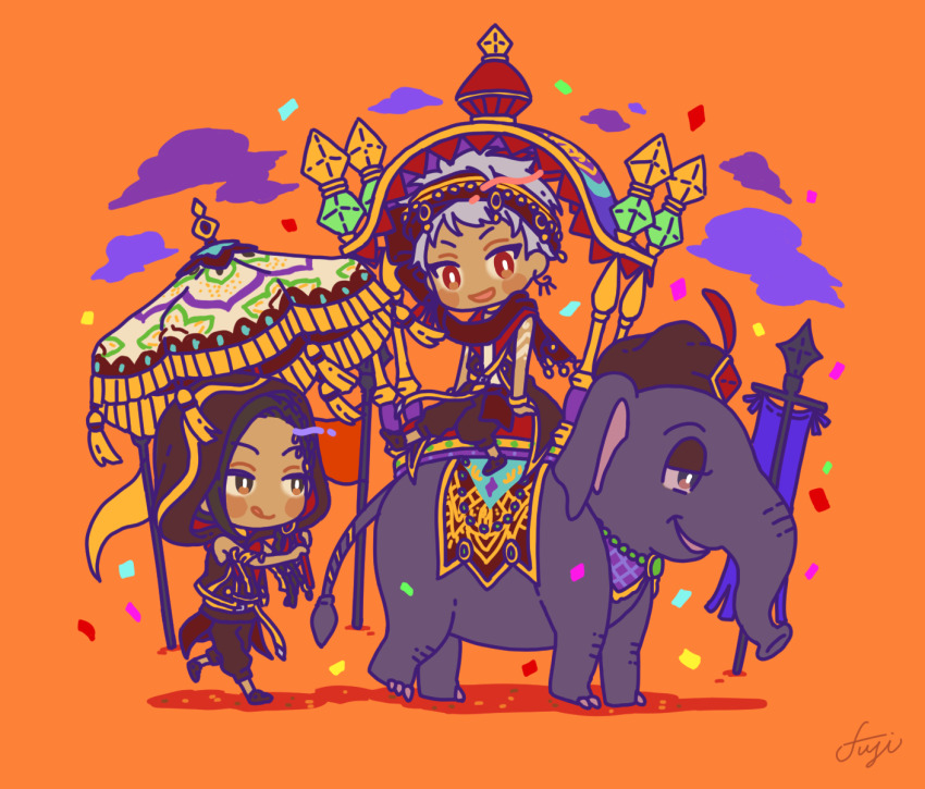 2boys, animal, arabian_clothes, ashnnk, brown_coat, brown_eyes, chibi, coat